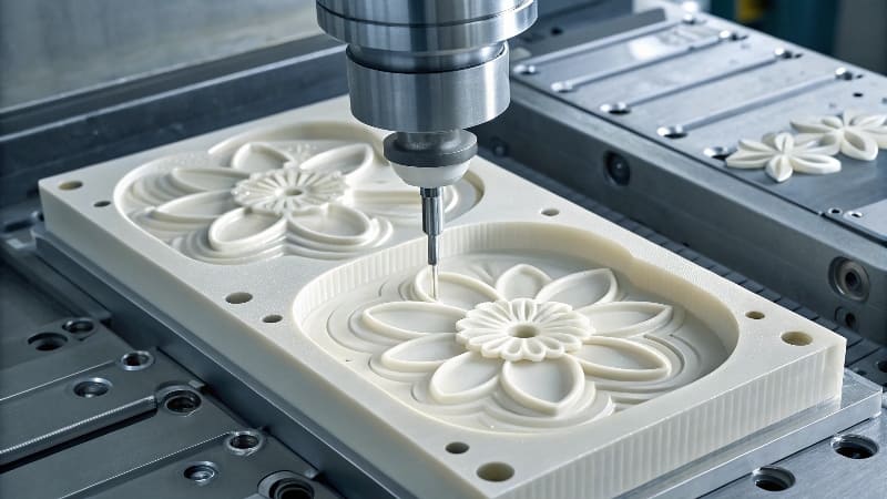 A close-up of a beautifully detailed plastic flower emerging from an injection mold.