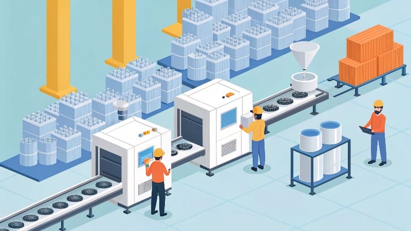A graph showing the cost per part decreasing as production volume increases in injection molding.